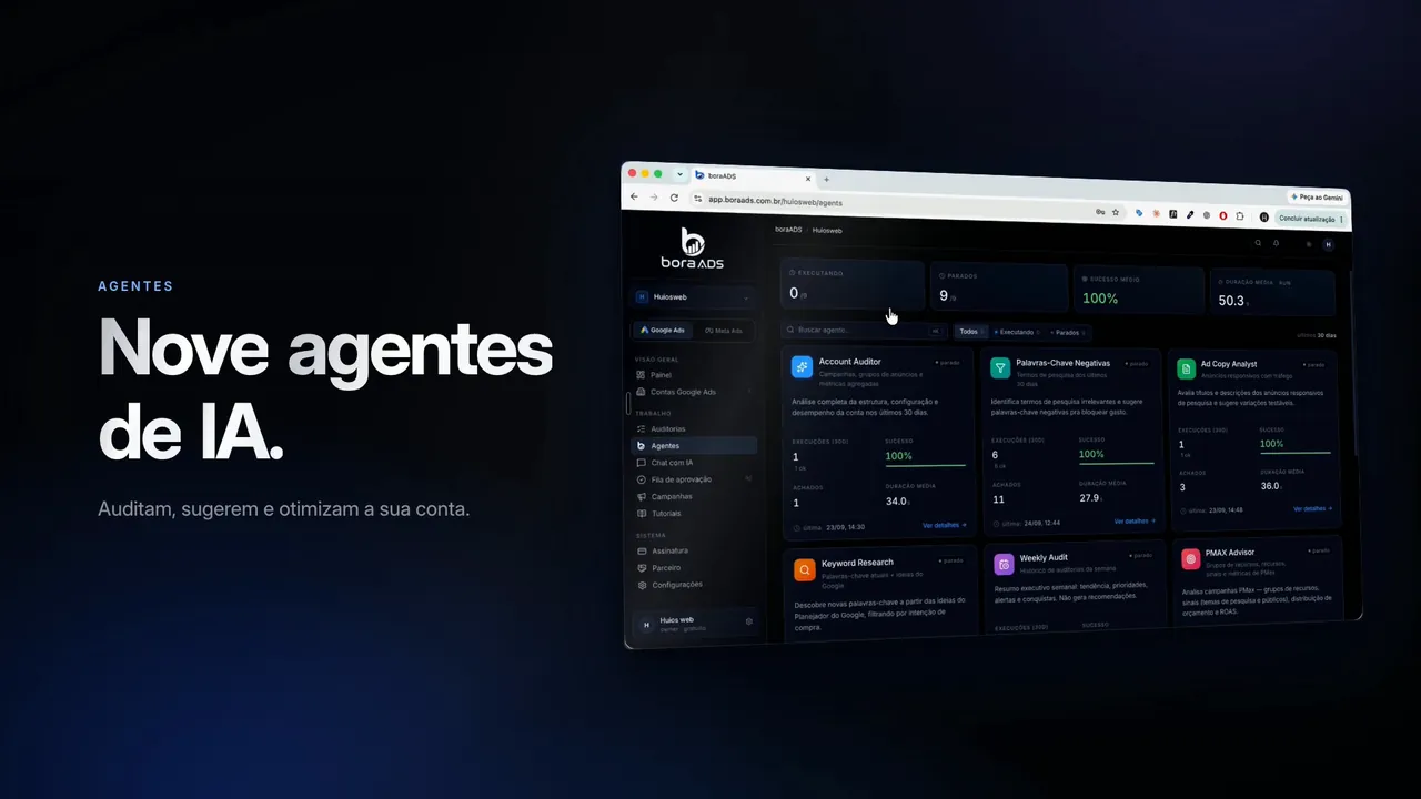 Capa do tour completo do boraADS: nove agentes de IA