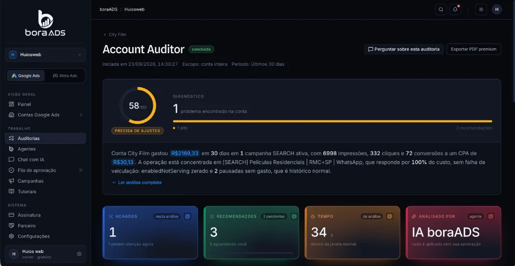 Tela do Account Auditor do boraADS com nota 58 de 100 e um problema na conta City Film