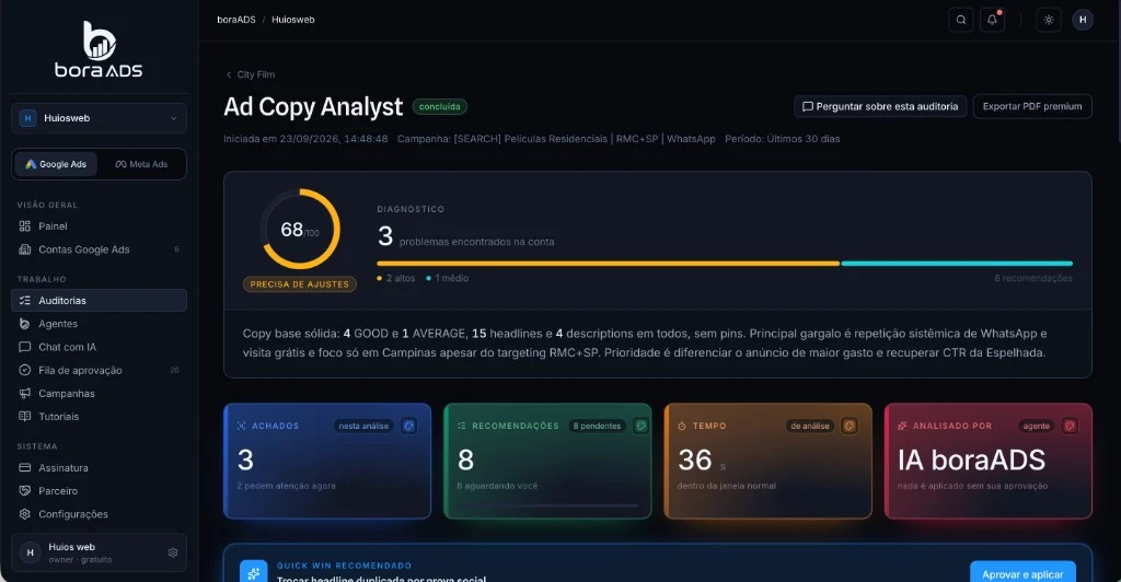 Tela do Ad Copy Analyst do boraADS com nota 68 de 100 e 3 problemas na conta