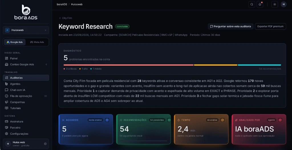 Tela do Keyword Research do boraADS com 5 problemas e 54 recomendações na conta City Film