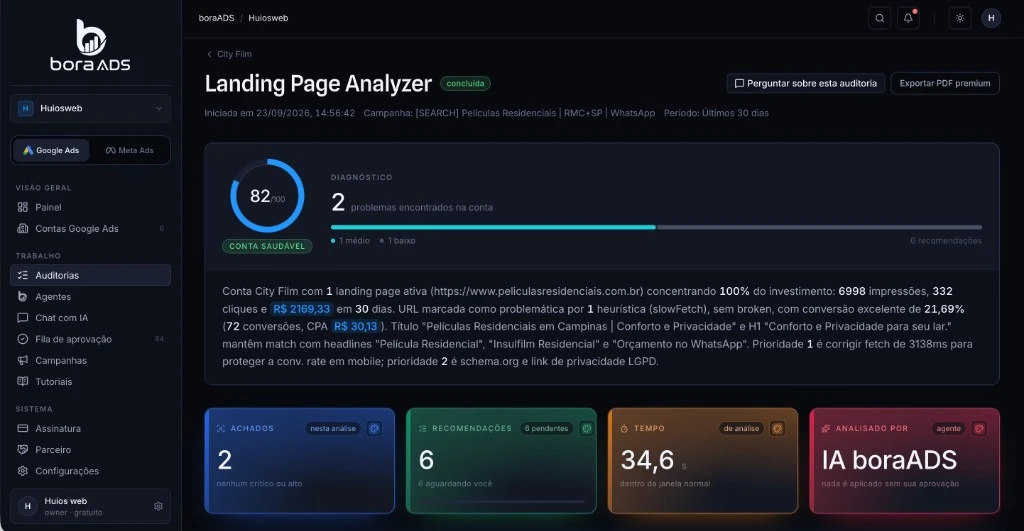Tela do Landing Page Analyzer do boraADS com nota 82 de 100 e 2 problemas na conta City Film