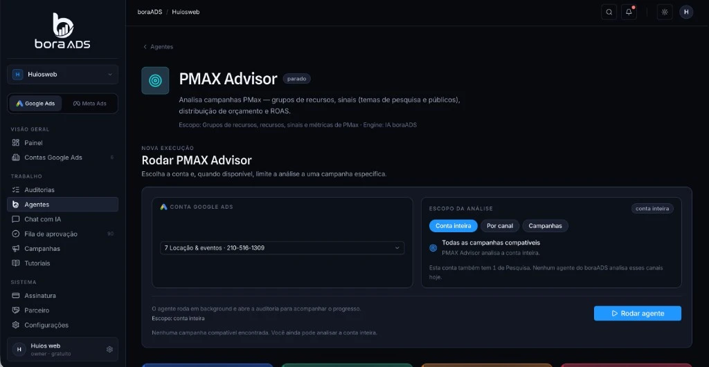 Tela do PMAX Advisor do boraADS parado, sem campanha Performance Max e com 1 campanha de Pesquisa
